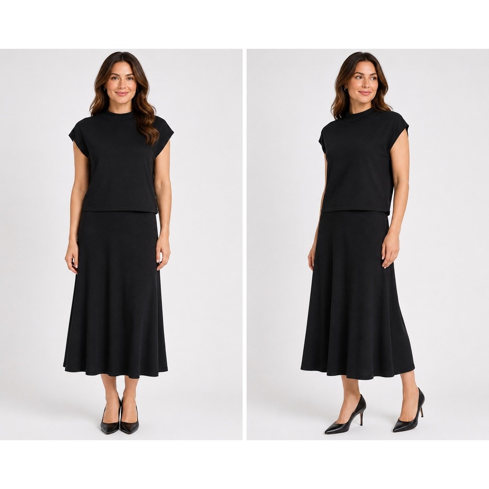 Sioni Womens 2 Piece Knit Set Black Mock Neck Top and Midi Skirt NEW